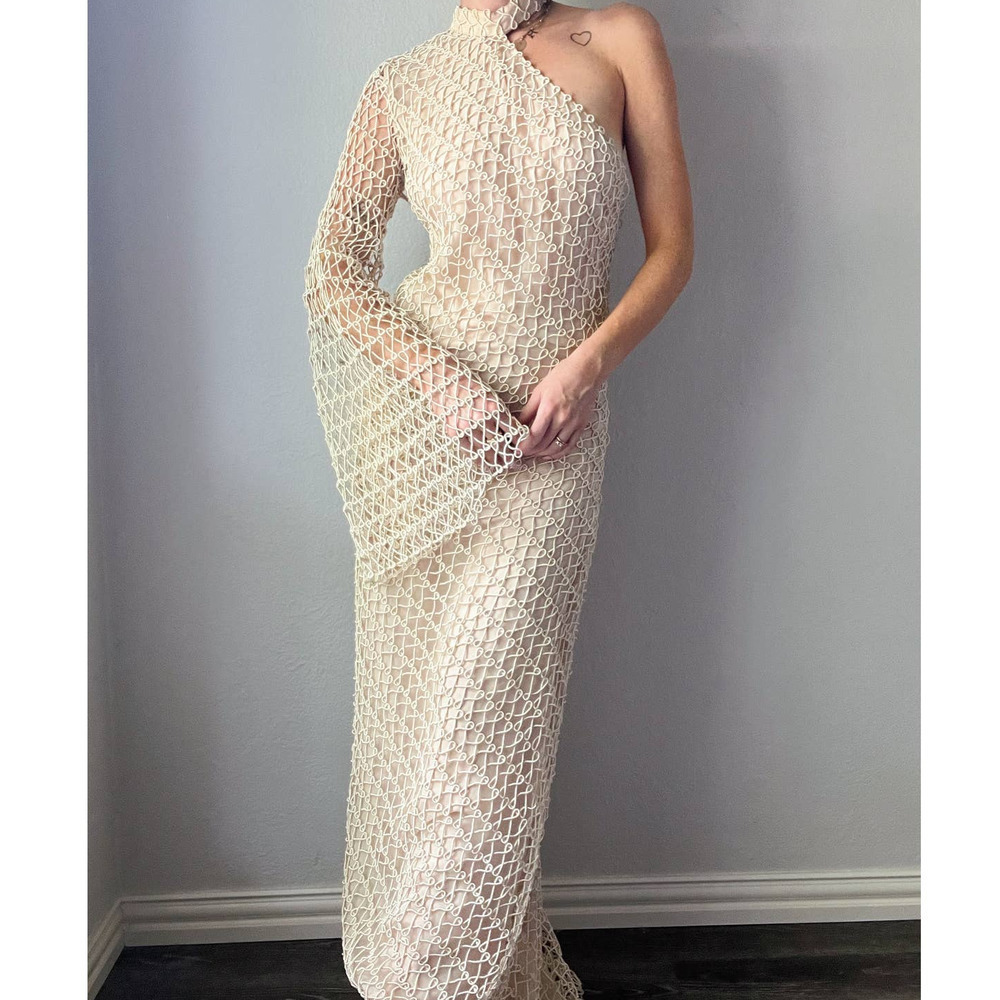 Sandra Mansour Cream Crochet Net One Shoulder Asymmetric Maxi Dress